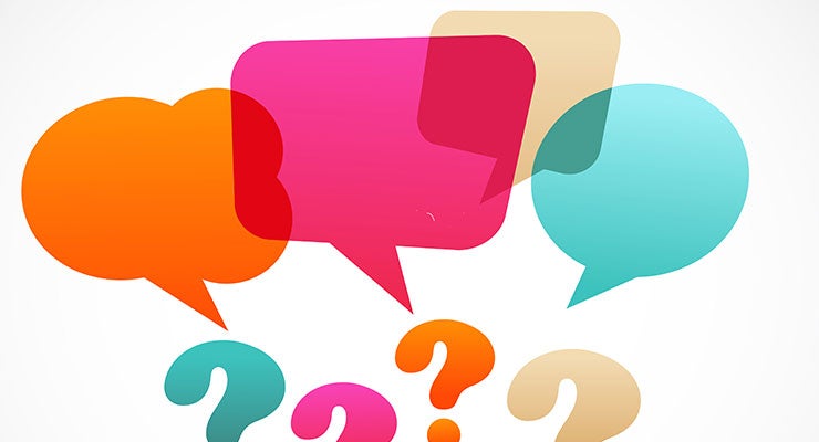 Colorful overlapping speech bubbles and question marks on a white background.